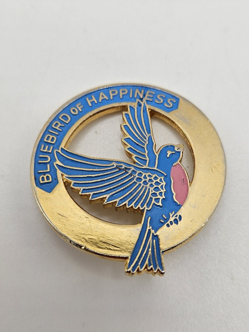 VINTAGE Bluebird of Happiness Round Gold Tone Enamel Brooch Pin